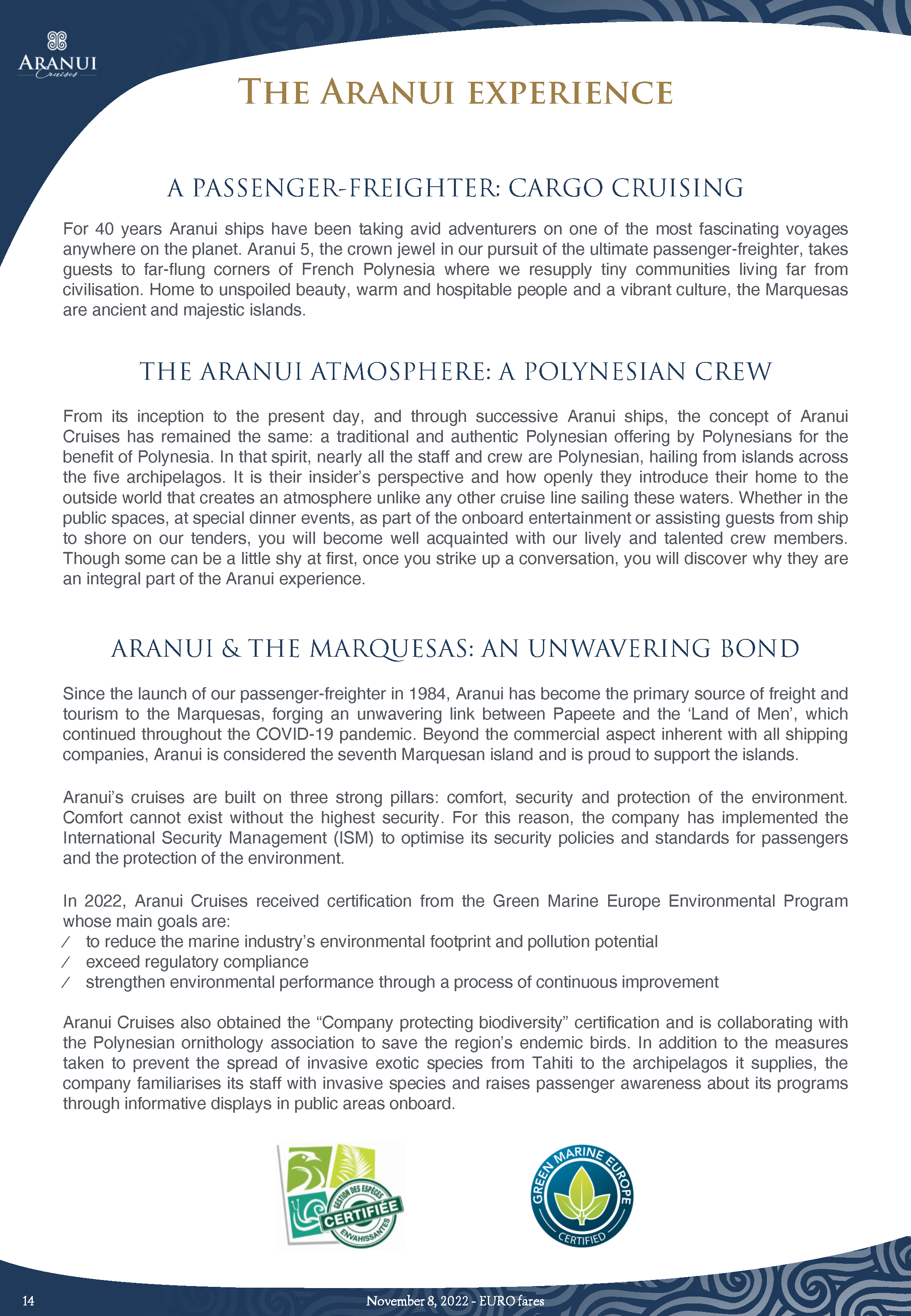 ARANUI 5 FACT SHEET 2024 EURO Updated November 8th 2022 Seite 14