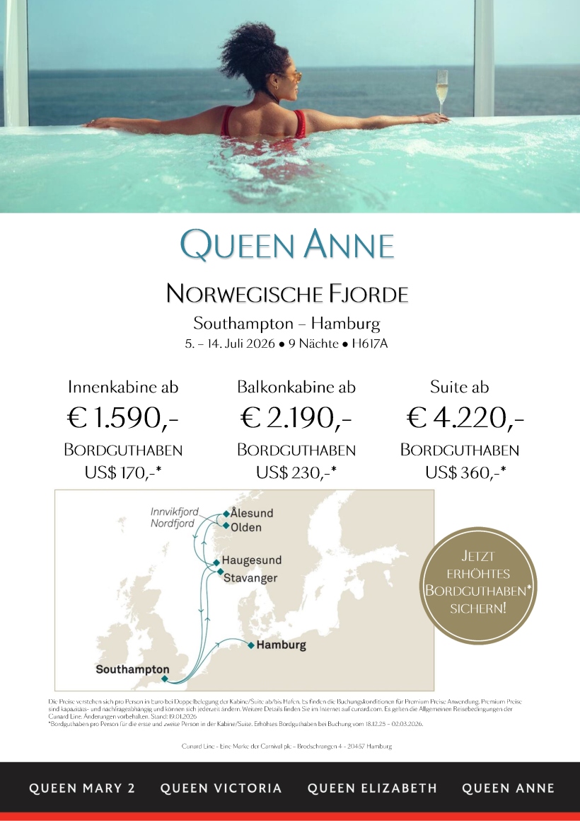 Cunard Queen Anne H617A Norwegische Fjorde Premium erhoehtes Bordguthaben