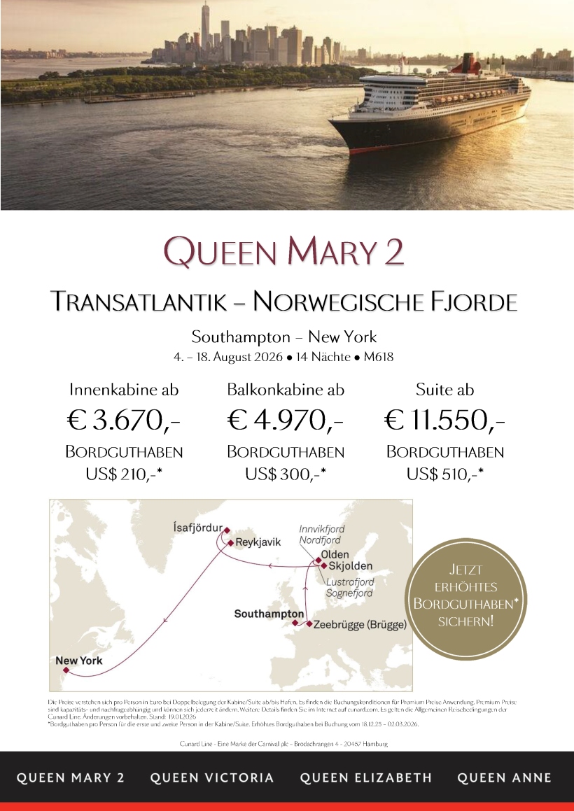 Cunard Queen Mary 2 M618 TA Norwegische Fjorde Premium erhoehtes Bordguthaben