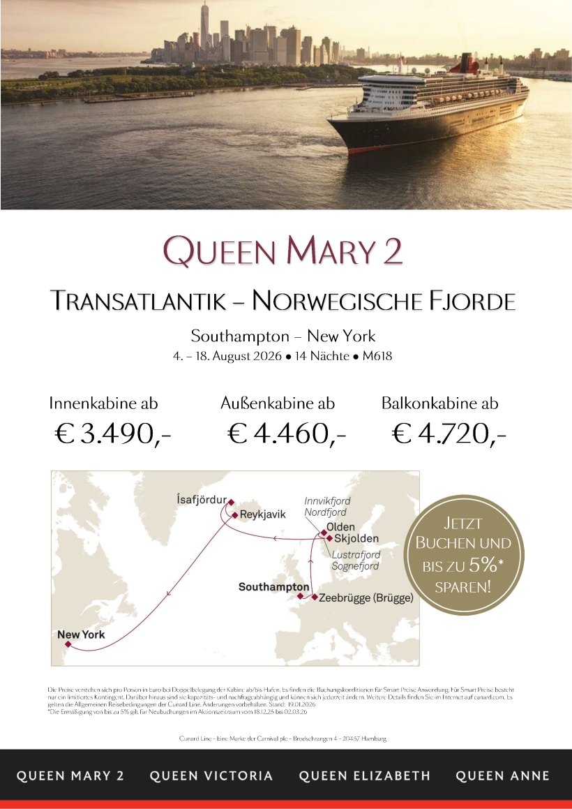 Cunard Queen Mary 2 M618 TA Norwegische Fjorde ermaessigter Smart Preis