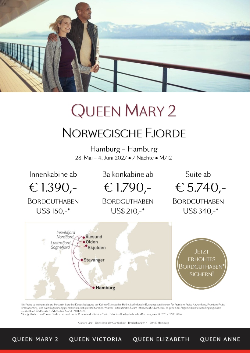 Cunard Queen Mary 2 M712 Norwegen Premium erhoehtes Bordguthaben