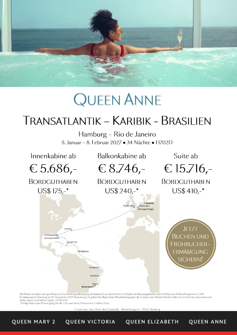 Queen Anne H702D Transatlantik Karibik Brasilien Premium Preis