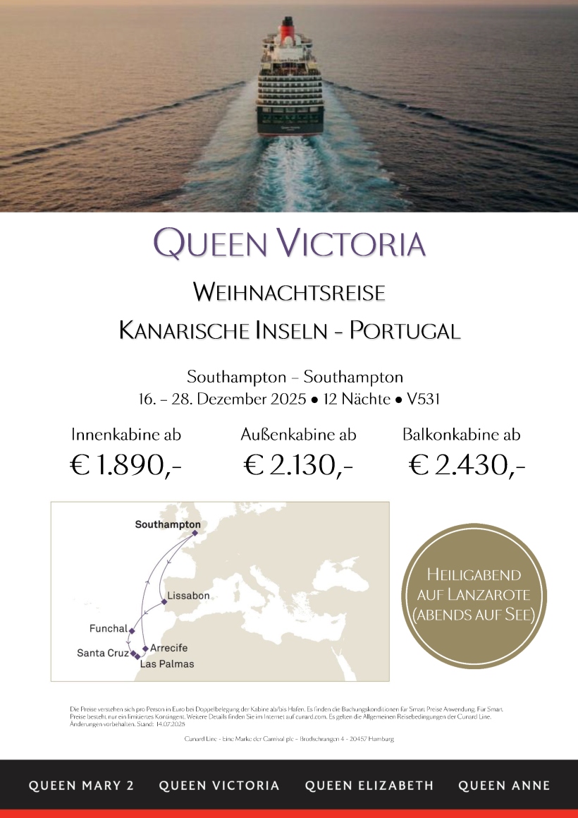 Queen Victoria V531 Weihnachtsreise Kanarische Inseln Portugal Smart