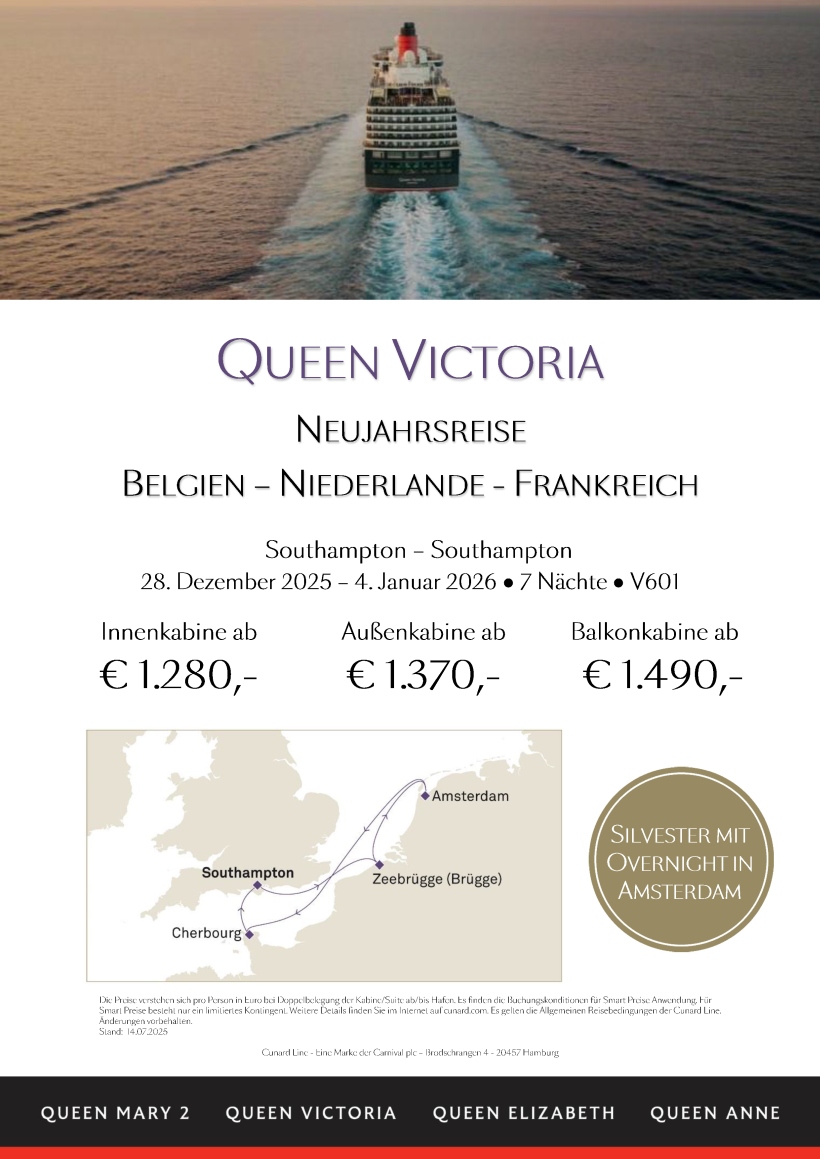 Queen Victoria V601 Neujahrsreise Belgien Niederlande Frankreich Smart