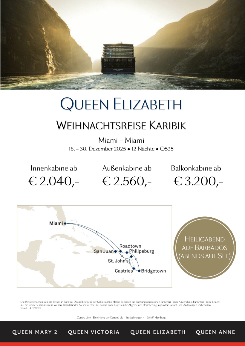 QueenElizabeth Q535 Weihnachtsreise Karibik Smart