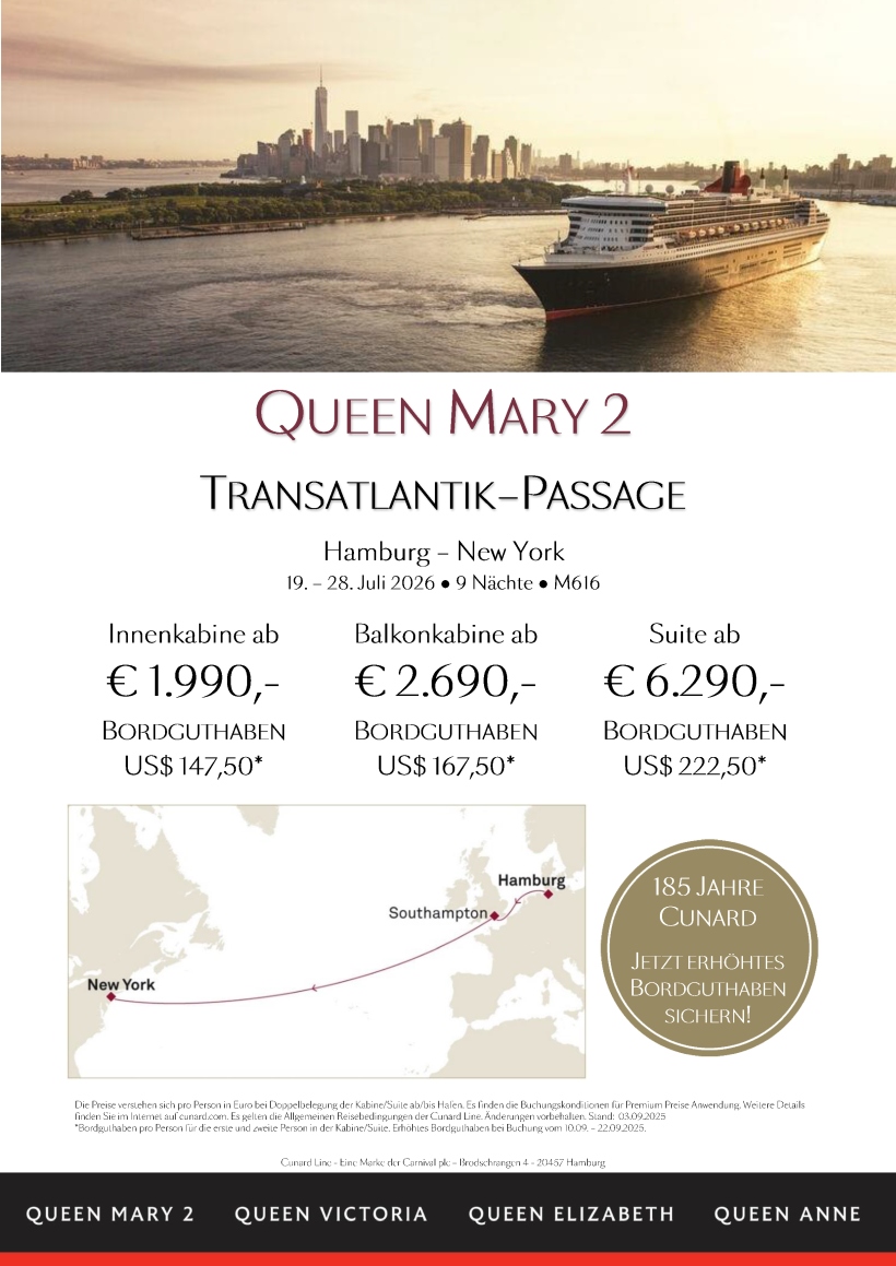 QueenMary2 M616 Transatlantik Premium extraOBC 185Jahre