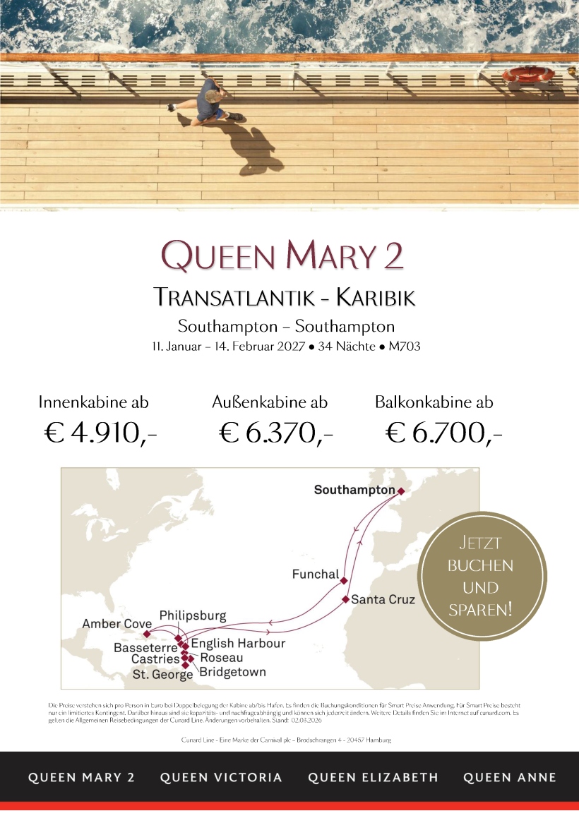 QueenMary2 M703 Transatlantik Karibik Smart