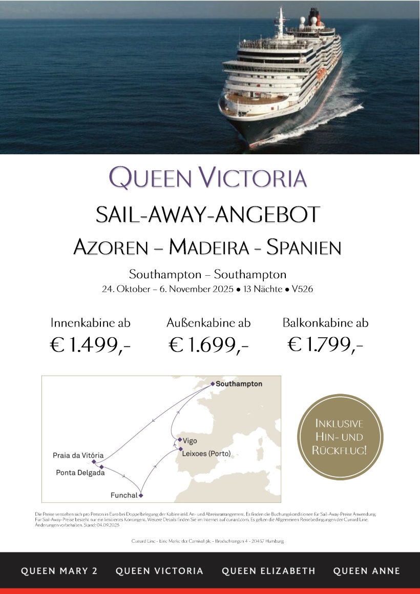QueenVictoria V526 Azoren Madeira Spanien SailAway