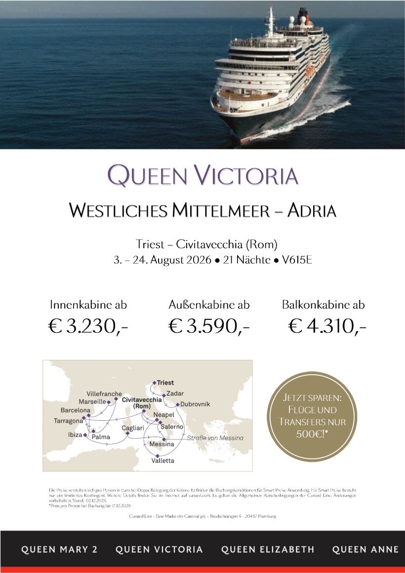 QueenVictoria V615E Westliches Mittelmeer Adria Smart