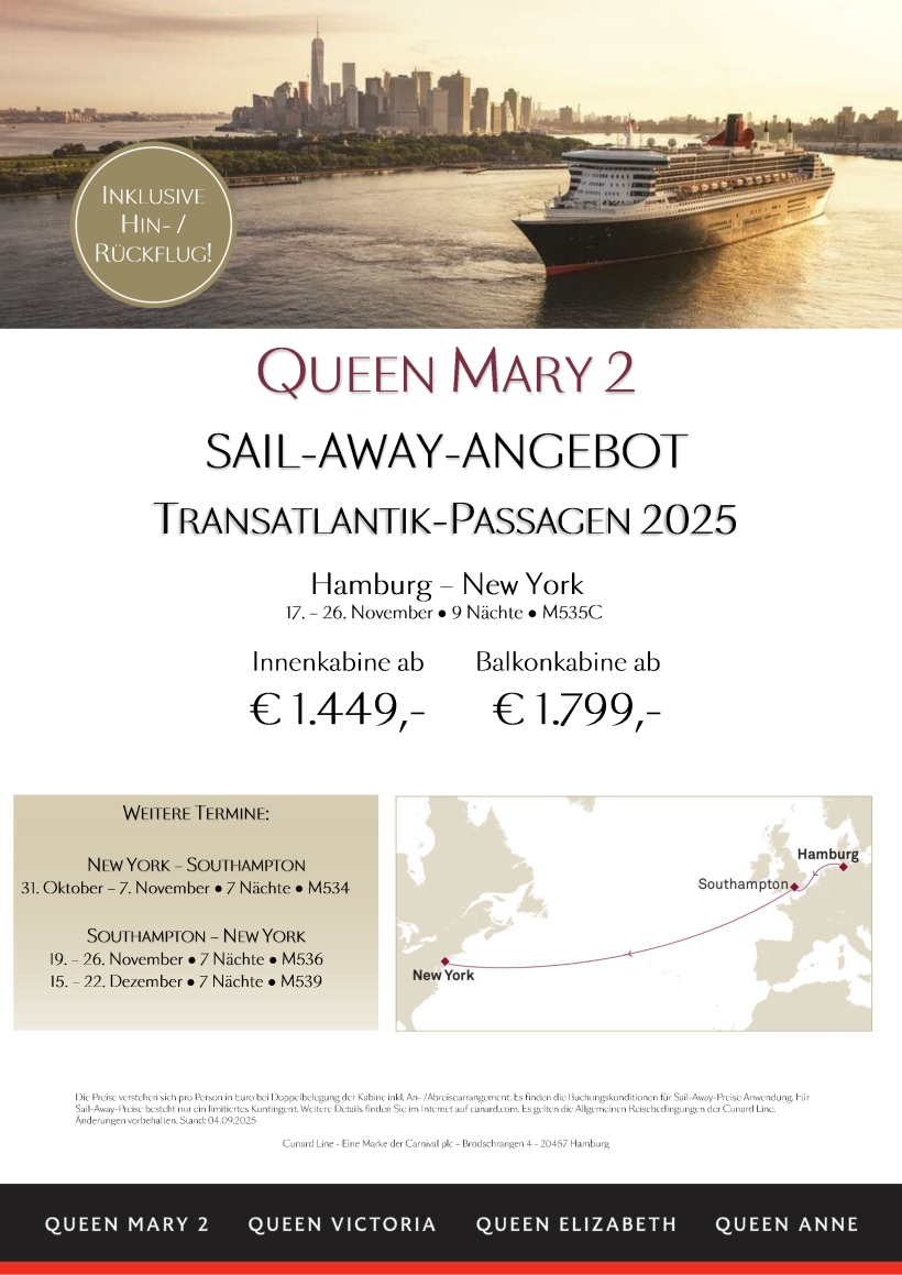 SailAwayÜbersicht QueenMary2 Transatlantik 2025