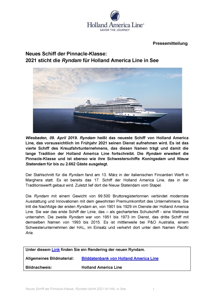 Neues Schiff Ryndam sticht 2021 fÃ¼r Holland America Line in See Seite 1