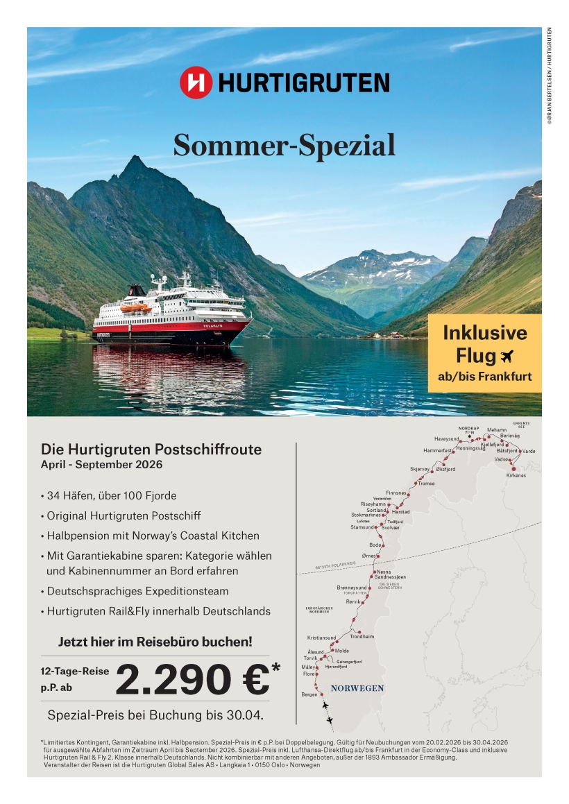 Die Hurtigruten Postschiffroute inkl. FRA Flug April September 2026