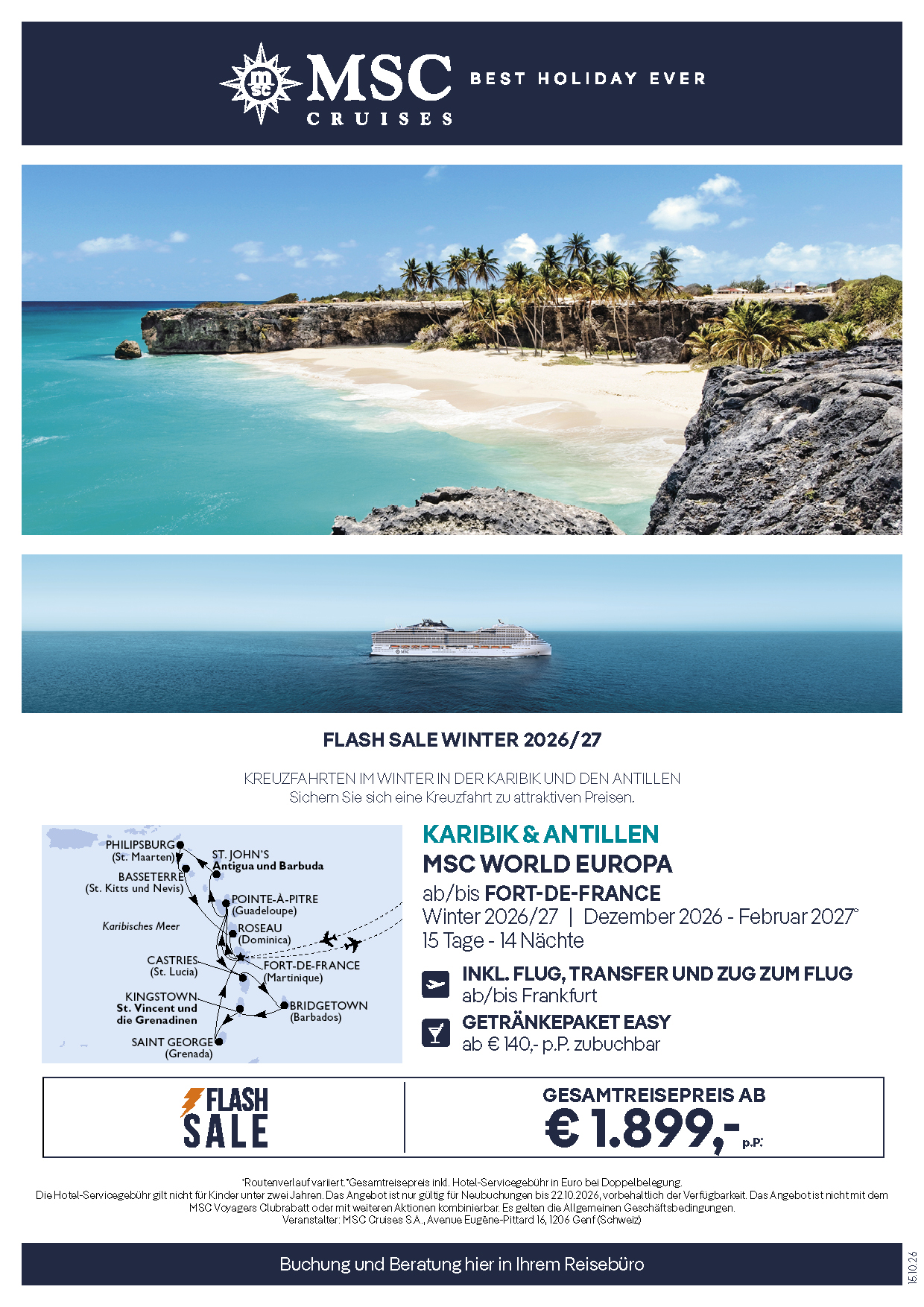 Flashsale MSC World Europa Karibik Antillen ab FDF inkl Flug