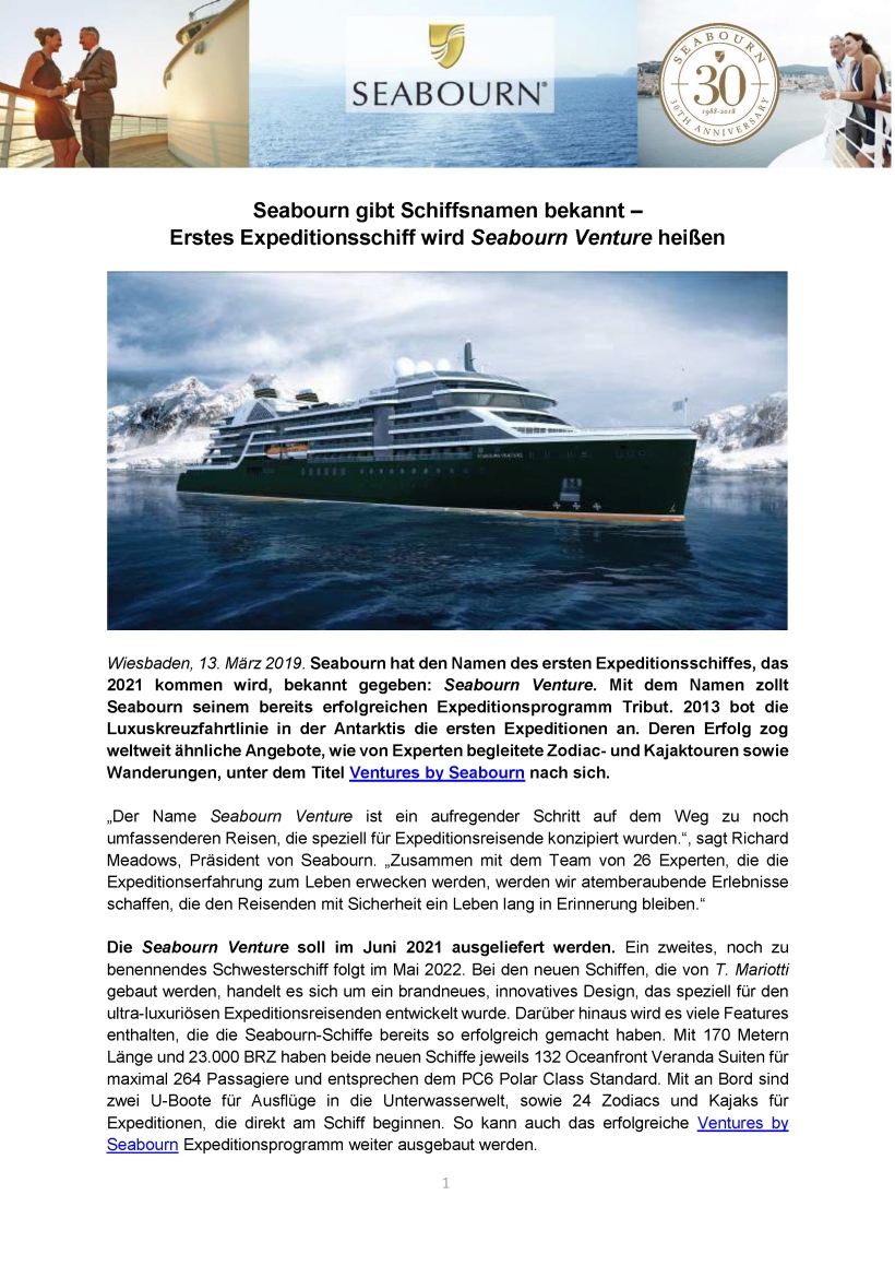 Seabourn nennt erstes Expeditionsschiff Seabourn Venture Seite 1